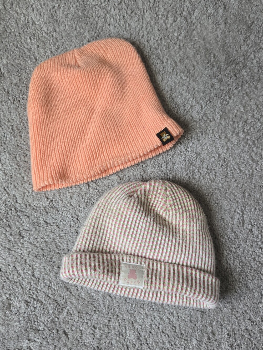 Teddy Fresh Peach Knit Beanie + Pink Stripe Cuffed Beanie